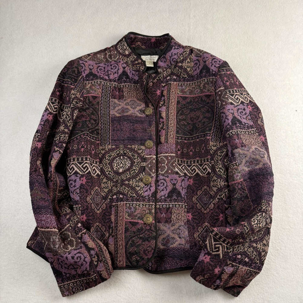 Christopher & Banks Purple Tapestry Patchwork Jacket Mandarin Collar Womens M